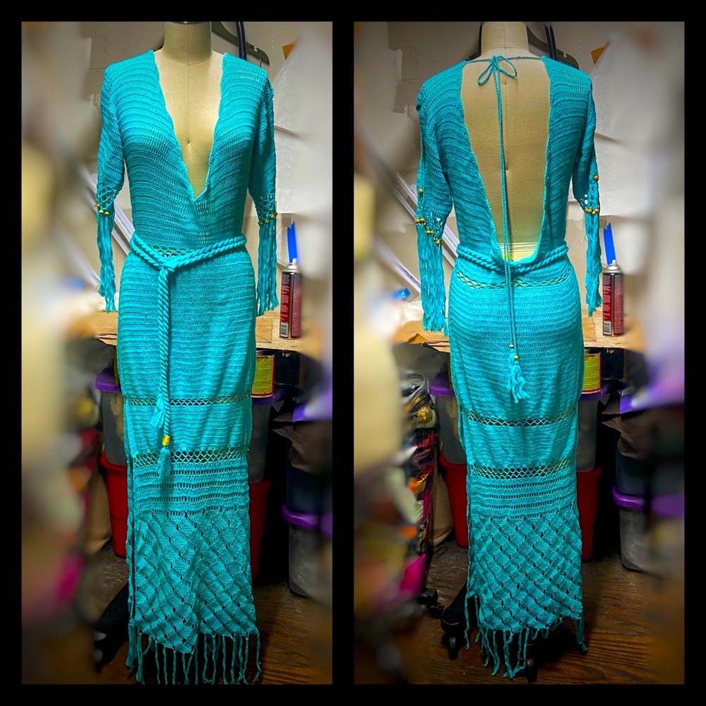 Spell teal blue crocheted boho dress cover up sold out everywhere M/L low cut